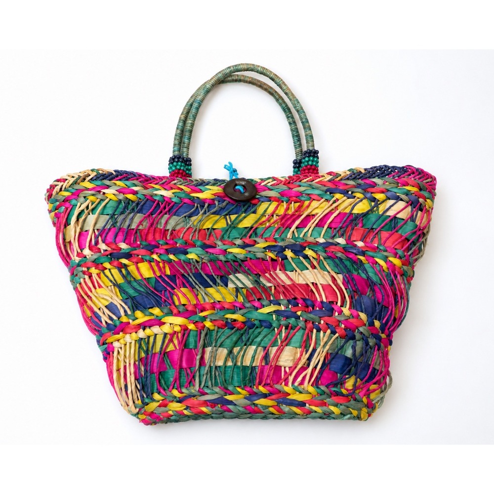 Merona Multi Color Woven Straw Tote Bag Beaded Handle Boho Beach Handbag
